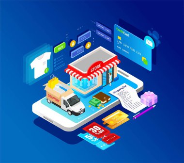 Modern bir grafik vektör afiş kavramı, web tasarımı online mağaza ve uygulama için. E-ticaret. Isometry ve 3d tasarım. Satın alma ve mal ile alışveriş sepeti . Mağaza modeli, bina, araba teslimi.