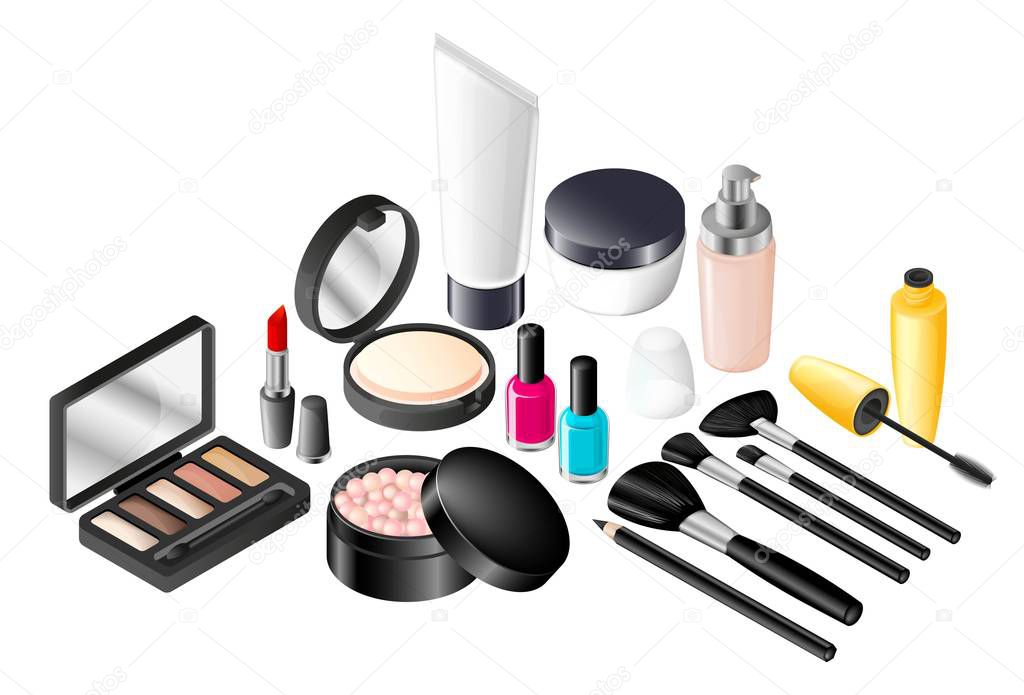 Vector set of realistic accessories for make-up. 3d and isometric tools for creating make-up.