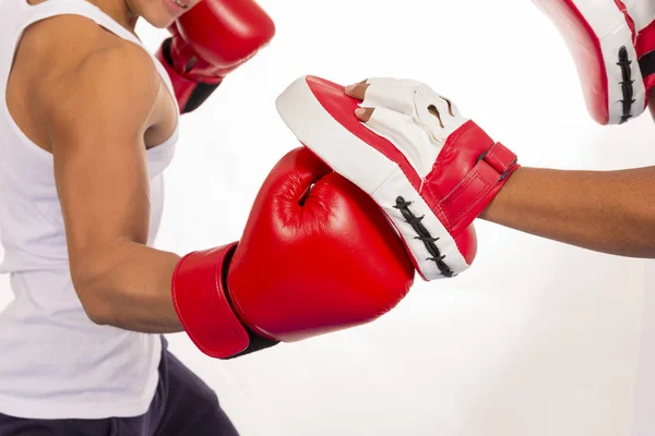 Close Boxing Workout Action Fitness Class White Background — Stock Photo, Image