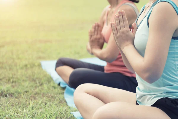 Healthcare Healthy Workout Yoga Pose Meditation Yoga Mat Outdoor Green — Stock Photo, Image