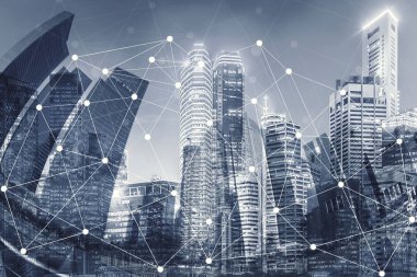 Akıllı cityscape ve ağ bağlantı kavramı, yüksek bina şehir içinde İnternet kablosuz sinyal. Internet bağlantısı, E-ticaret ve sosyal kavramı.