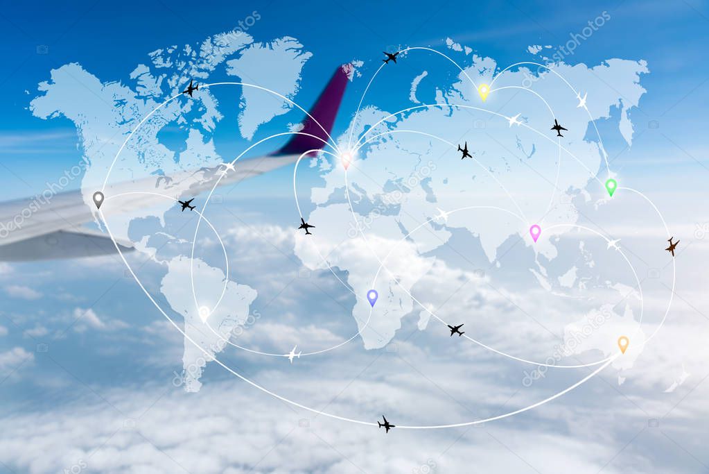 Map of flight routes airplanes network with blurred wing in the sky background.Global transportation, travel, import-export logistics network concept.(Elements of this image furnished by NASA)