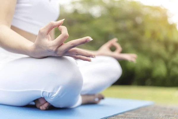 Closeup Woman Doing Yoga Finger Acting Nature Soft Focus Background — Stock Photo, Image