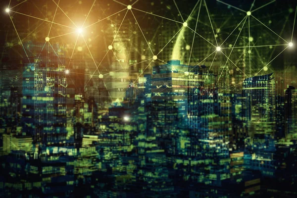 Tecnologia Conexão Rede Com Cidade Noturna Vida Comunitária Comércio Eletrônico — Fotografia de Stock