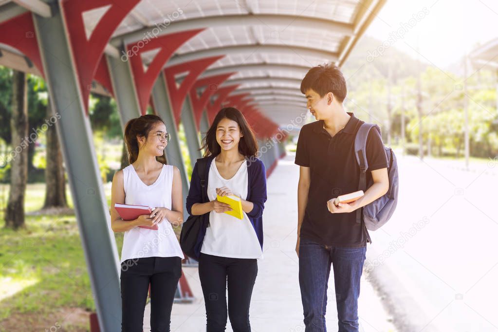 Portrait of group of young students walking and talking in school.