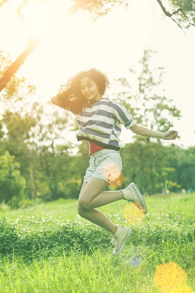 Happy Young Woman Jumping Park Sunlight Freedom Lifestyle Vacation Travel — Stock Photo, Image