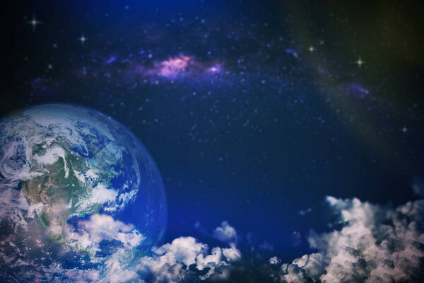 Fantasy night sky view, earth with clouds and milky way in the blue sky. Surreal image for background. Elements of this image are furnished by NASA.