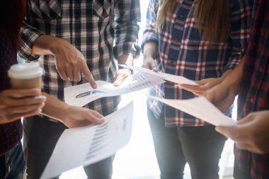 Business meeting coworkers discussing the project planning in office.