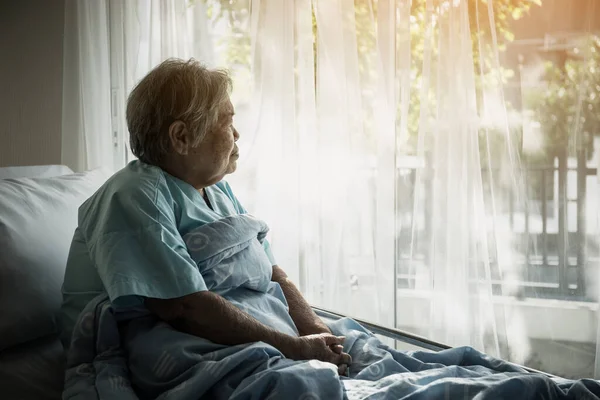 Elderly Patients Sitting Bed Waiting Relatives Visit Loneliness — Stock Photo, Image