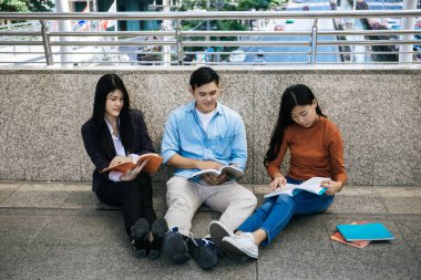 Grup öğrencileri dizüstü bilgisayarda birlikte oturarak araştırma yapıyorlar. .