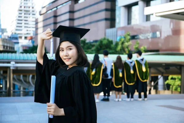 Happy Woman Portrait Her Graduation Day University Holding Diploma — Stock Photo, Image