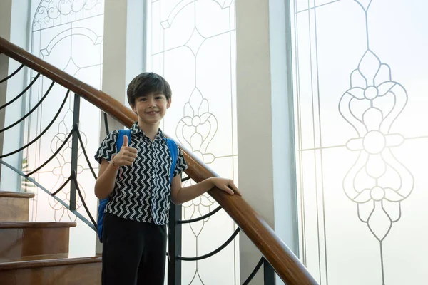 Αγόρι Σακίδιο Στέκεται Στις Σκάλες Μετά Έρχονται Πίσω Από Σχολείο — Φωτογραφία Αρχείου
