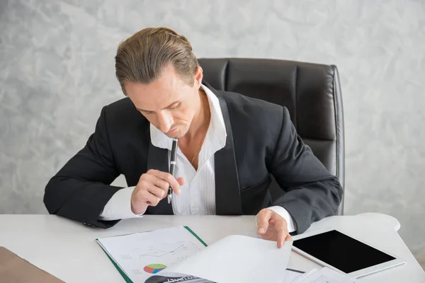 Businessman Sitting His Workplace Front Laptop Computer While Doing Some — Stock Photo, Image