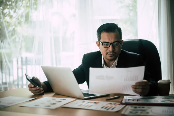 Businessman Sitting His Workplace Front Laptop Computer While Doing Some — Stock Photo, Image