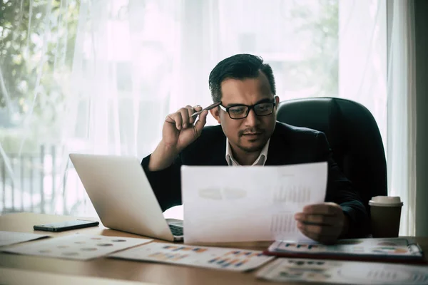 Businessman Sitting His Workplace Front Laptop Computer While Doing Some — Stock Photo, Image