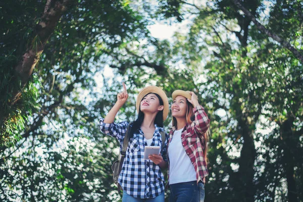 Två Flickor Resenären Använder Telefonen Skogen — Stockfoto