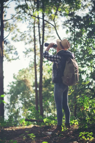 Femme Avec Jumelles Marchant Dans Forêt — Photo