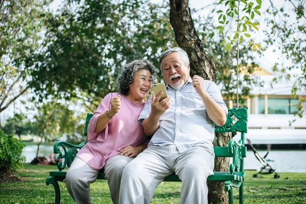 Pasangan Senior Mengambil Foto Selfie Dengan Ponsel Pintar Taman — Stok Foto
