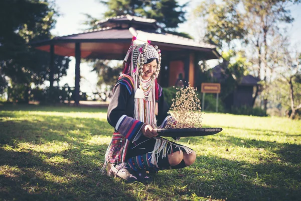 Akha Met Behulp Van Een Winnowing Mand Scheiden Van Arabica — Stockfoto