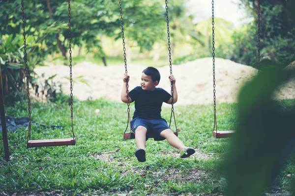 Adorable Little Boy Having Fun Swing Outdoor — Stock Photo, Image