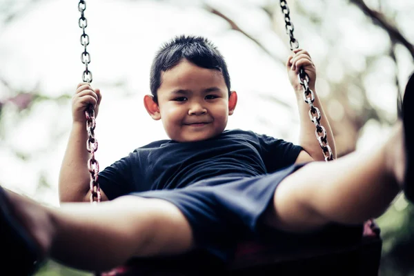 Adorable Little Boy Having Fun Swing Outdoor — Stock Photo, Image