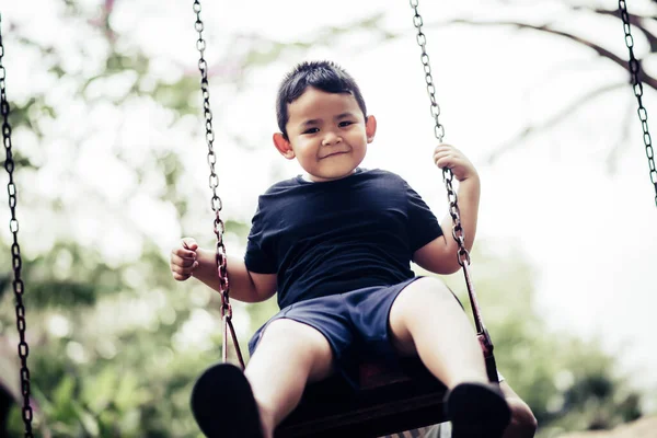 Adorable Little Boy Having Fun Swing Outdoor — Stock Photo, Image