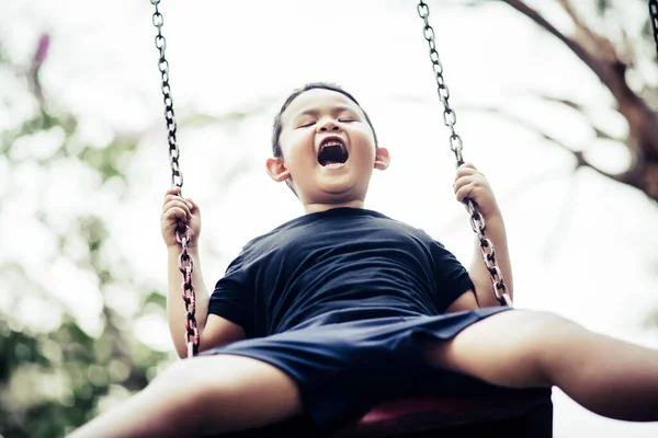 Adorable Little Boy Having Fun Swing Outdoor — Stock Photo, Image