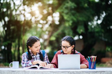 Parkta dizüstü bilgisayarla birlikte çalışan iki öğrenci.