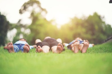 Bir grup çocuk parktaki yeşil çimlere uzandı.