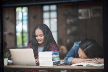 Bir grup mutlu öğrenci kafede bilgiden bahsediyor.