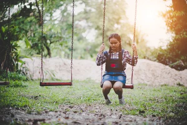 Young Happy Girl Riding Swing Park — Stock Photo, Image