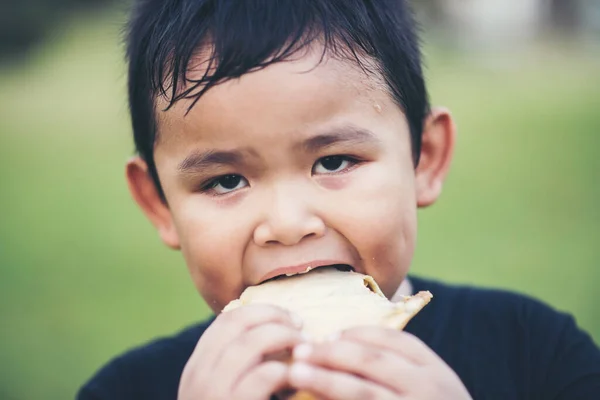 Kleine Jongen Eet Vers Brood Broodje Broodje — Stockfoto