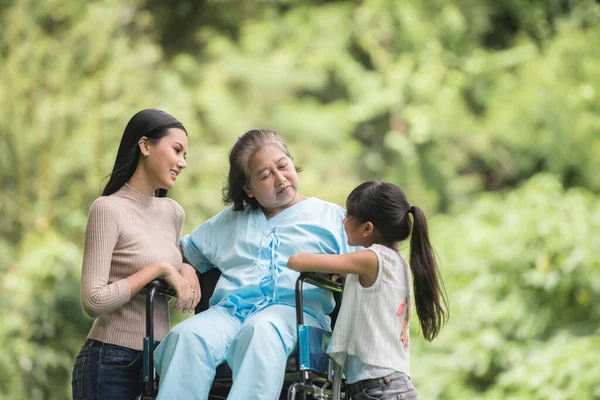 公園で娘と孫と車椅子で幸せな祖母幸せな時間 — ストック写真