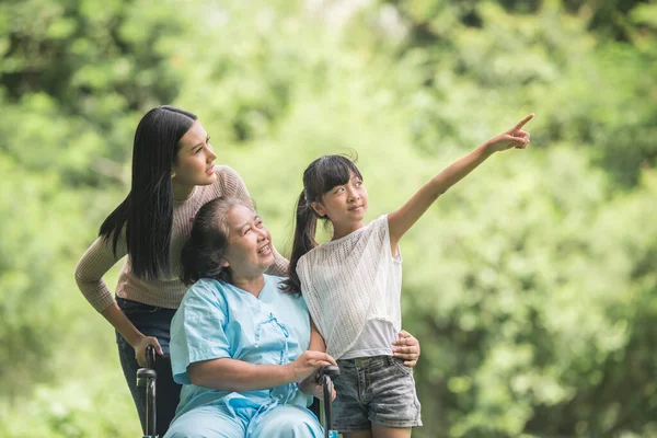 Feliz Abuela Silla Ruedas Con Hija Nieto Parque Vida Feliz —  Fotos de Stock