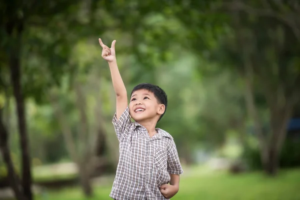 Pequeño Niño Lindo Disfrutando Levantando Las Manos Con Naturaleza Sobre —  Fotos de Stock