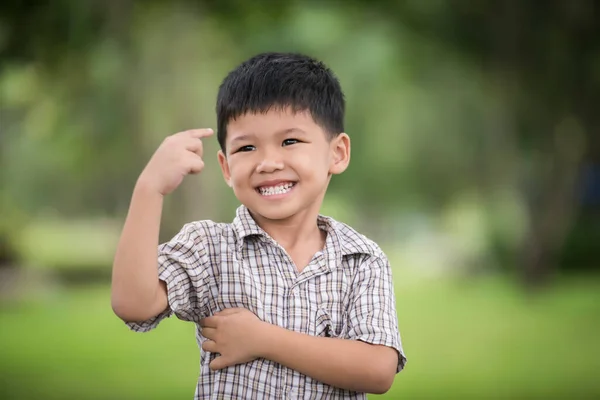 空の指差し手で立っているかわいい真面目な少年の肖像画とともにカメラを見ますぼやけた自然背景 — ストック写真