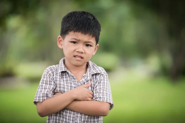 Retrato Lindo Niño Curioso Pie Con Los Brazos Cruzados Mirando —  Fotos de Stock