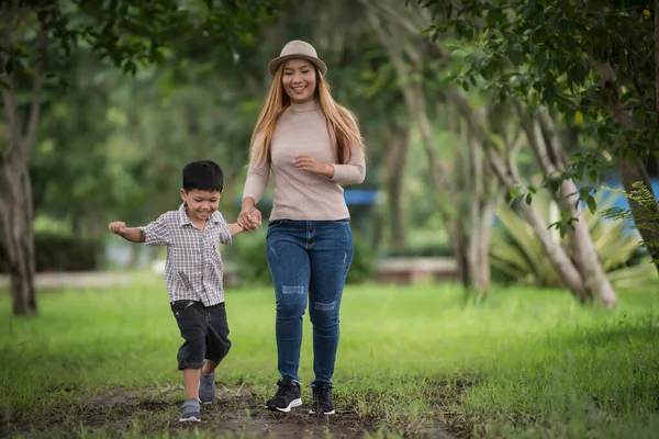 Portrait Mother Son Happy Walking Together Park Holding Hand Family — Stock Photo, Image