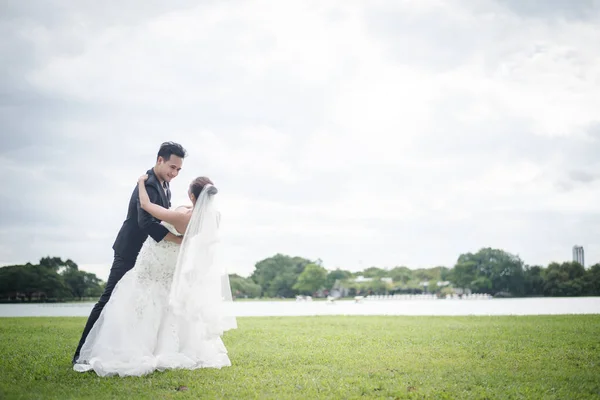 Glücklich Lächelndes Paar Der Hochzeit Hübsche Braut Und Schöner Bräutigam — Stockfoto