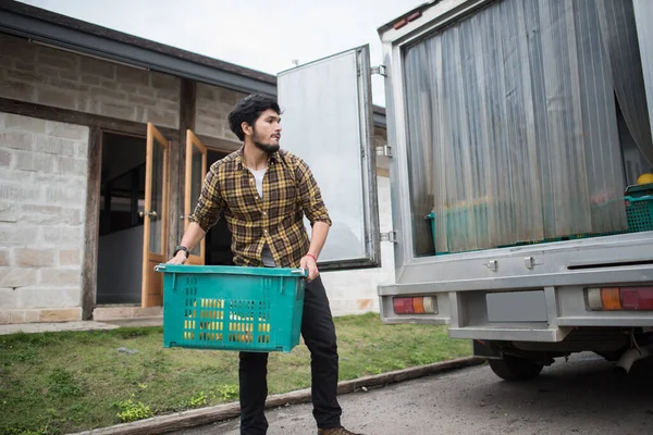 Portrait of a hipster farmer holding box of fruit lift up to the car to go market for sell.