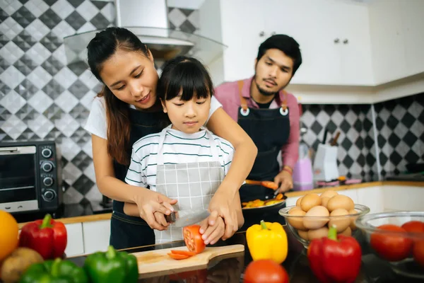 家庭烹饪时间 快乐的家庭一起在厨房做饭 — 图库照片