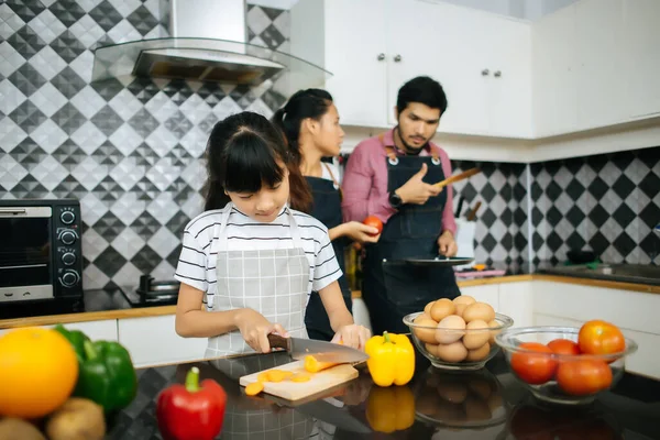 家庭烹饪时间 快乐的妈妈教她的女儿在家里切蔬菜 准备做饭用的配料 — 图库照片