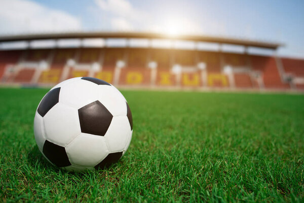 soccer ball on grass with stadium background