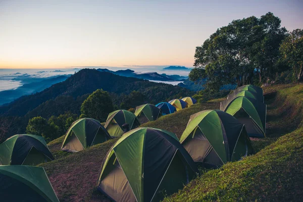 山の中の朝のキャンプ — ストック写真