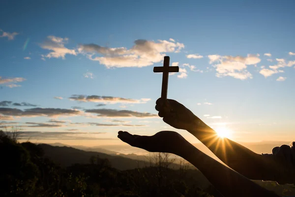 Silhouette Hand Hold Cross God — Stock Photo, Image