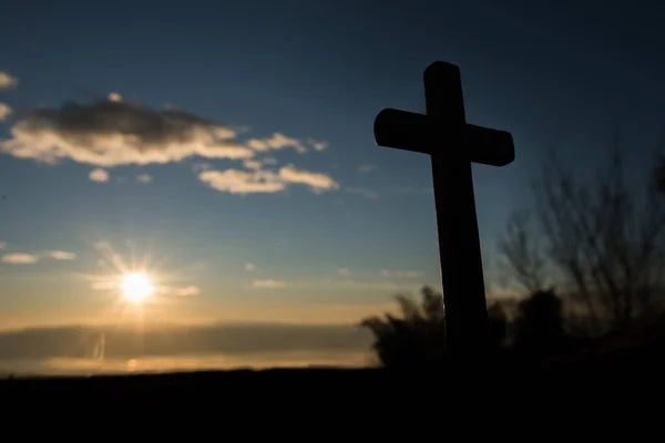 Silhouette Croix Catholique Lever Soleil — Photo