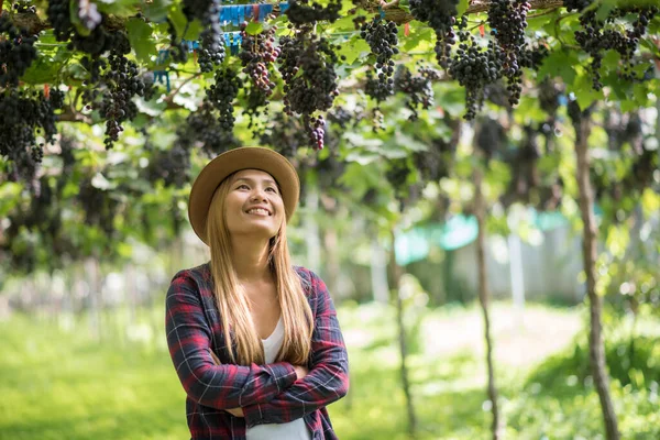 Szczęśliwe Młode Kobiety Ogrodnik Gospodarstwa Gałęzie Dojrzałych Winogron Niebieski — Zdjęcie stockowe