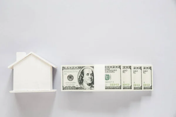 Nota Dólar Com Vista Superior Com Casa Madeira Conceito Finanças — Fotografia de Stock