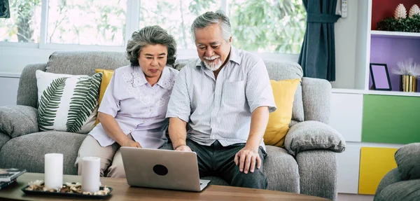 Senior couple talking with laptop computer