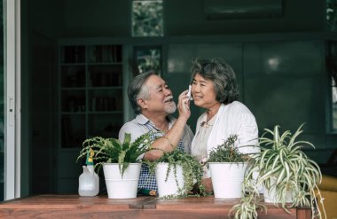 Yaşlı çiftler birlikte konuşuyor ve saksılara ağaç dikiyorlar..